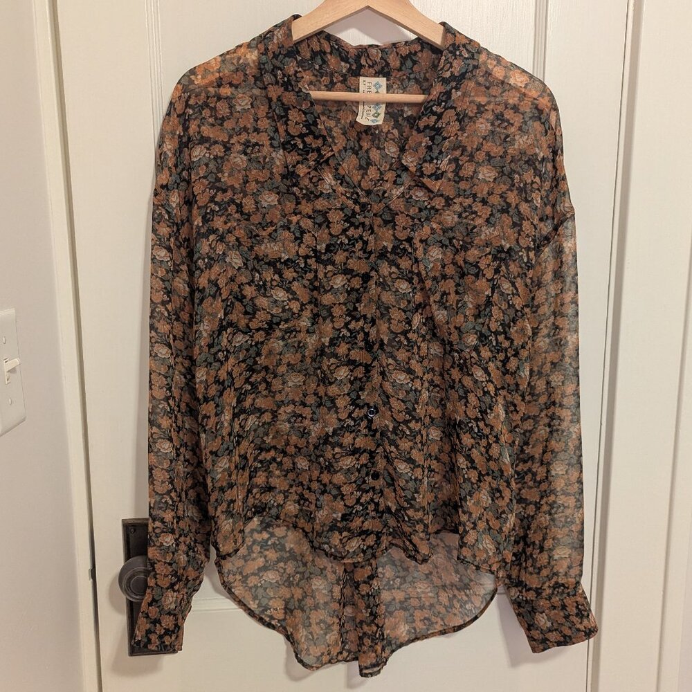 Free People Floral Hi Low Button Up Blouse, Size Small